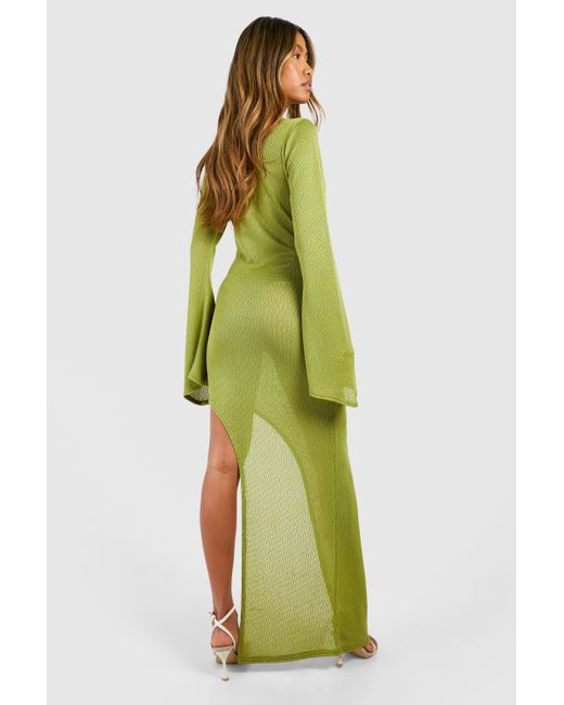 Boohoo Green Flare Sleeve Split Leg Snit Maxi Dress