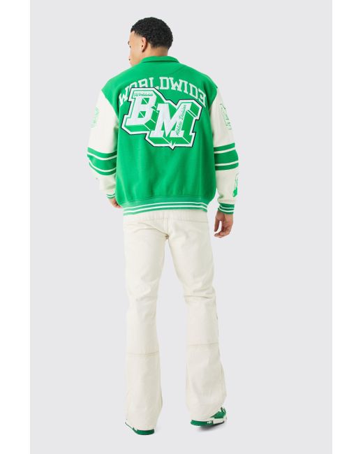 BoohooMAN Oversized Embroidered Harrington Jersey Bomber Jacket in Green für Herren