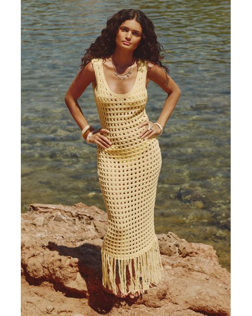 Boohoo Metallic Beach Crochet Scoop Back Tassel Hem Maxi Dress