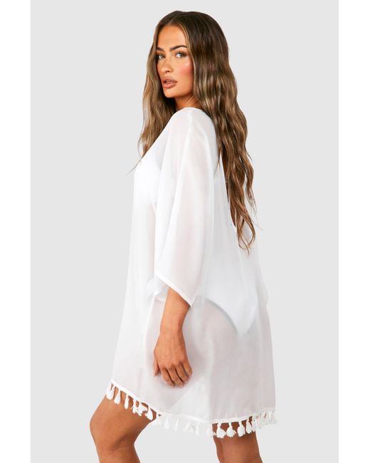 Boohoo White Tassel Hem Cover-up Beach Dress