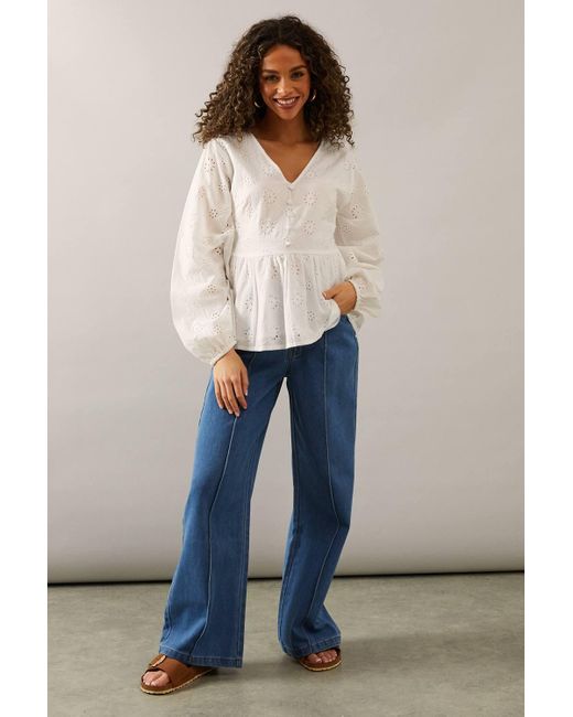 Wallis Natural Broderie Button Peplum Blouse