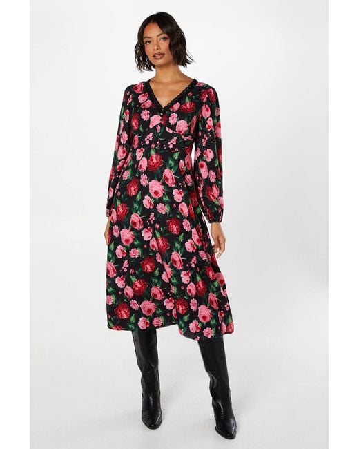 dorothy perkins lace dresses Dorothy Perkins Floral Long Sleeve Lace Trim Button Front Midi Dress in Red
