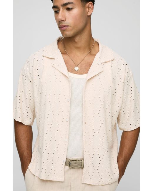 BoohooMAN Kastiges Oversize Lochmuster-Hemd in Natural für Herren