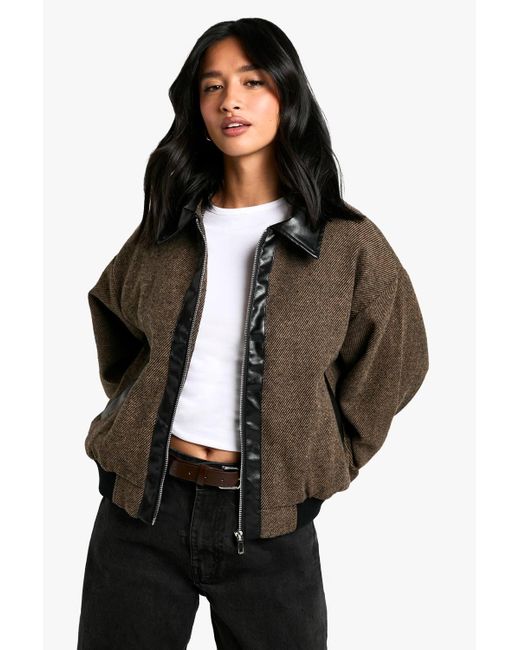 Boohoo Black Petite Pu Trim Wool Look Bomber Jacket