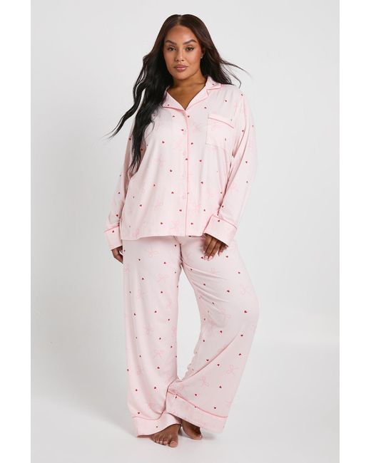 Boohoo Pink Plus Super Soft Bow & Heart Trouser Pj Set