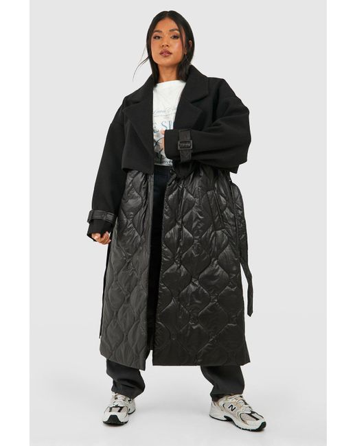 Boohoo Black Petite Quilted Wool Look Padded Trench Coat