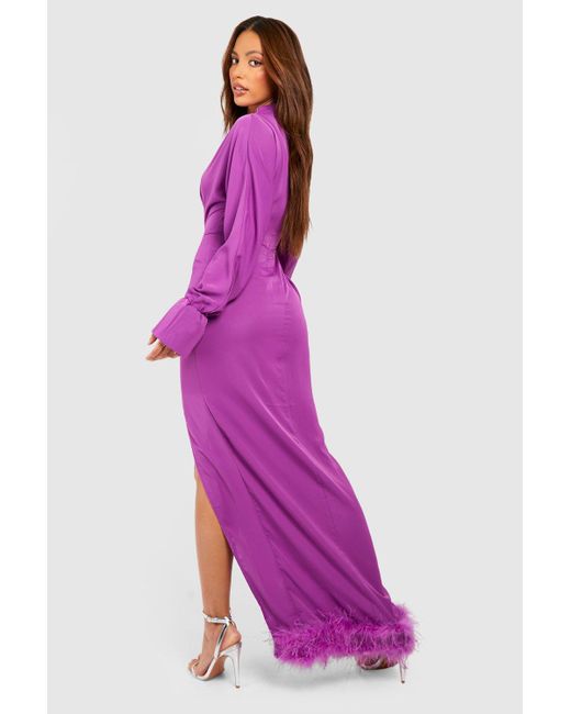 Boohoo Purple Tall Split Side Fluffy Feather Trim Maxi Dress