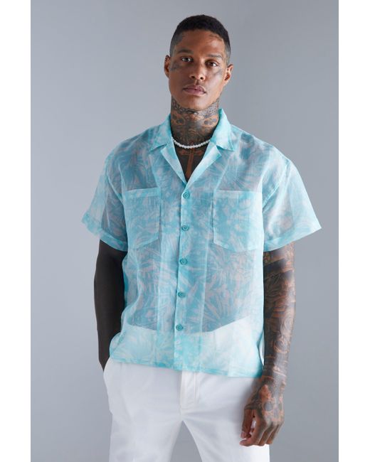 BoohooMAN Short Sleeve Boxy Printed Organza Shirt in Blue for Men | Lyst
