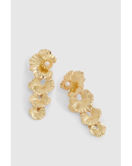 Boohoo Metallic Floral Pearl Detail Drop Earrings