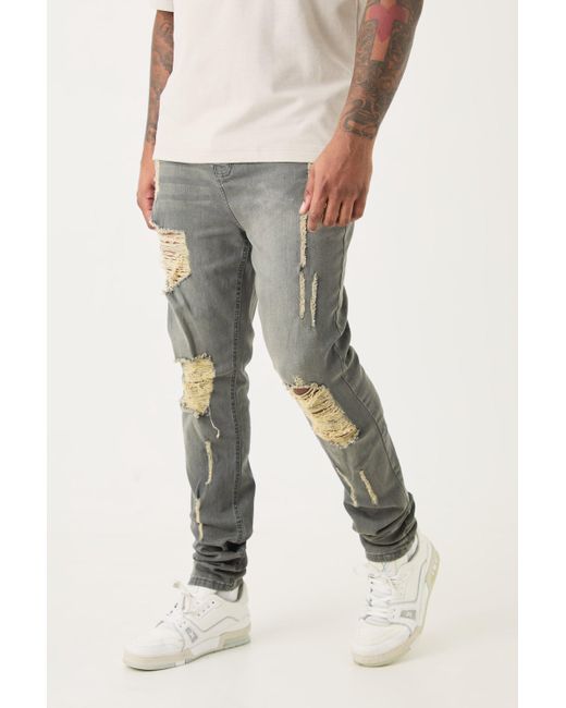 BoohooMAN Gray Plus Super Skinny Stretch Multi Rip Stacked Jeans for men