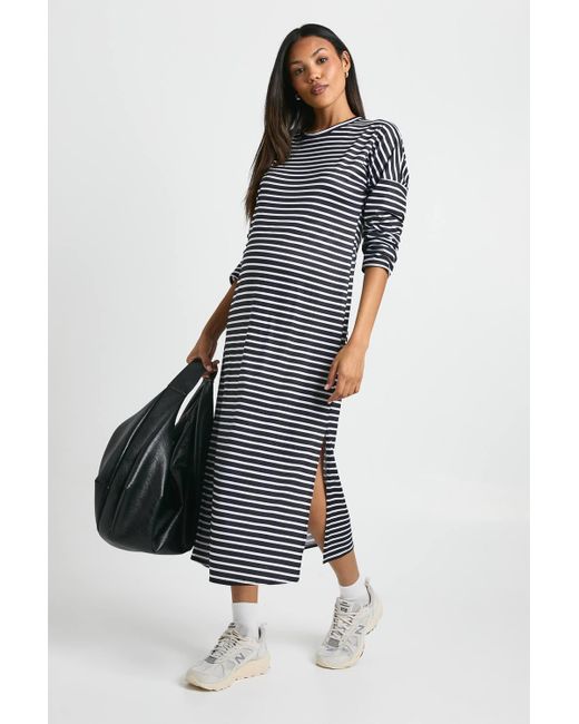 Boohoo Women's Black Maternity Long Sleeve Split Hem Striped Dress