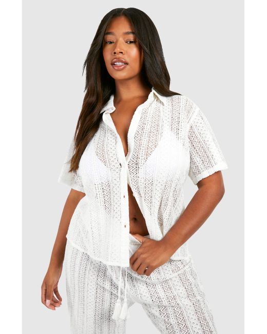 Boohoo White Plus Crochet Beach Shirt