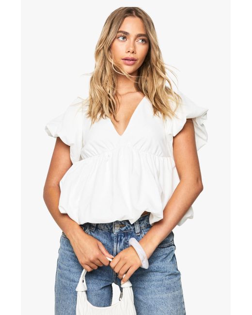Boohoo White Poplin Puffball Top