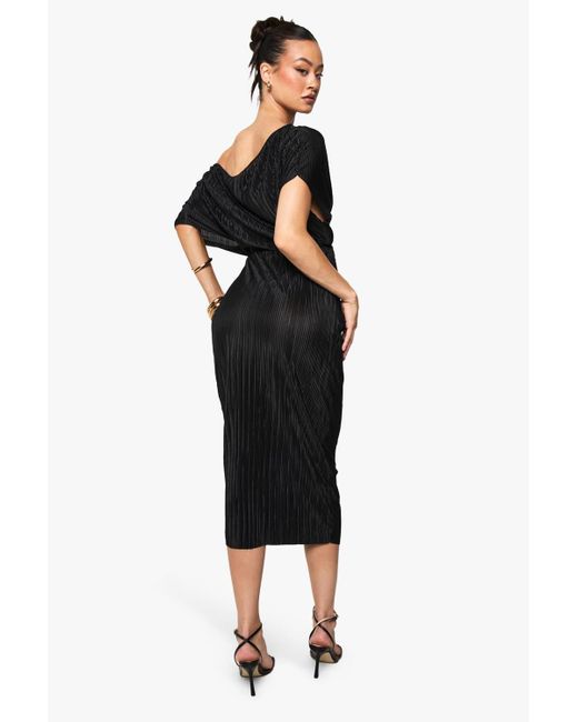 Boohoo Black Tall Plisse Off The Shoulder Midi Dress