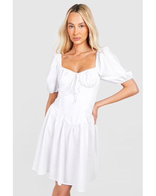 Boohoo White Tall Woven Puff Sleeve Milkmaid Mini Dress