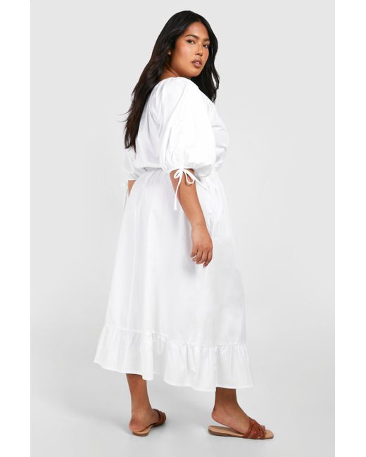 Boohoo White Plus Woven Puff Sleeve Tiered Midaxi Dress