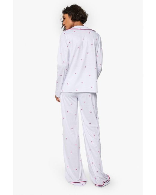 Boohoo White Tall Bow Print Piping Detail Long Sleeve Shirt & Pants Pyjama Set