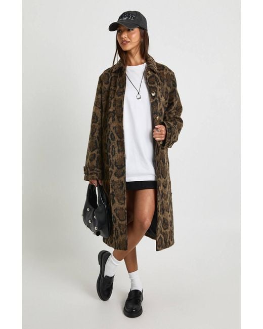 Boohoo White Leopard Print Belted Wool Look Coat