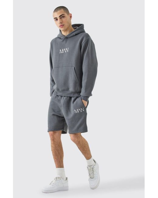 BoohooMAN Gray Man Boxy Hoodie Short Tracksuit for men
