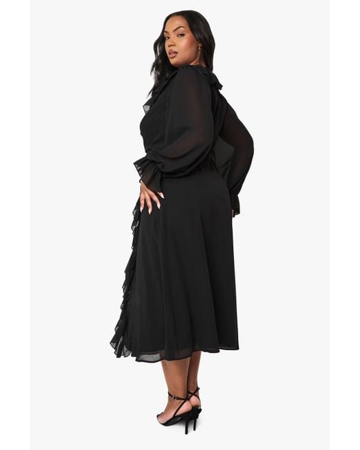 Boohoo Black Plus Chiffon Ruffle Wrap Dress