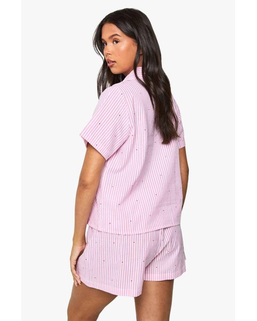 Boohoo Pink Seersucker Stripe Heart Print Short Sleeve Shirt & Shorts Pyjama Set