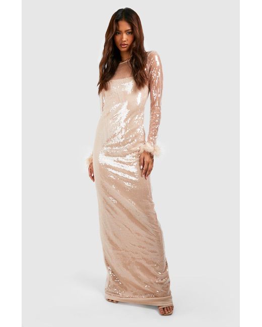 Boohoo Natural Tall Sequin Fluffy Feather Trim Maxi Dress