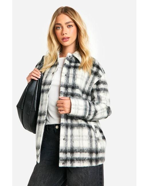 Boohoo White Check Wool Look Shacket