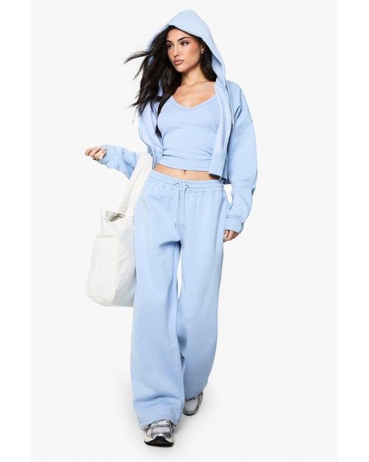 Boohoo Blue Ribbed V Neck Vest Top 3 Piece Hooded Tracksuit