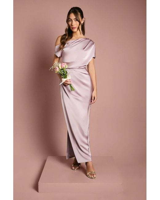 Coast Pink Satin Ruched Detail Off The Shoulder Maxi Bridesmaid Dress