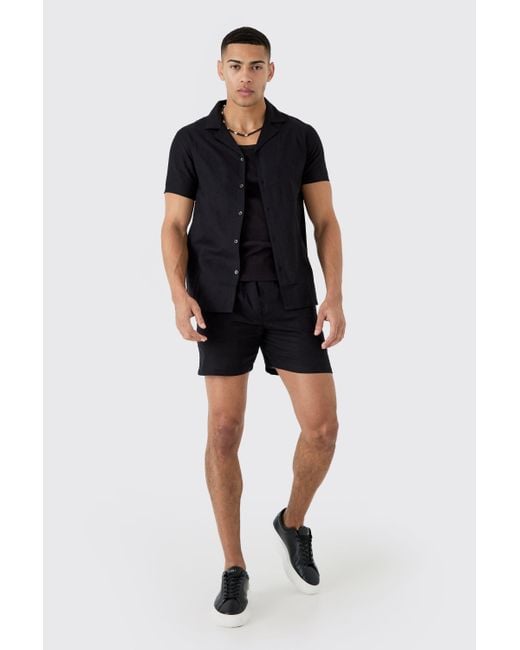 BoohooMAN Short Sleeve Linen Shirt & Short in Black für Herren