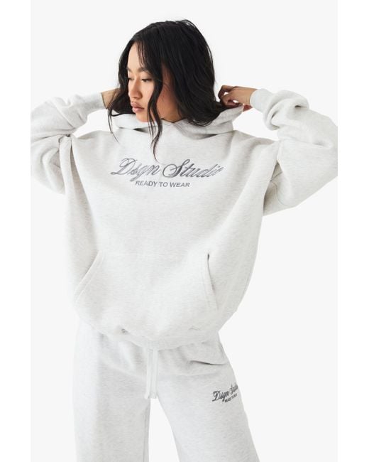 Boohoo White Dsgn Studio Embroidered Script Oversized Hoodie