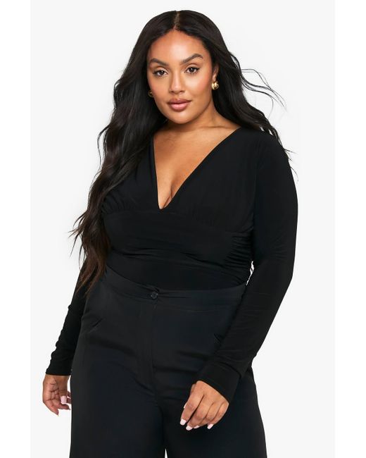 Boohoo Black Plus Ruched Plunge One Piece