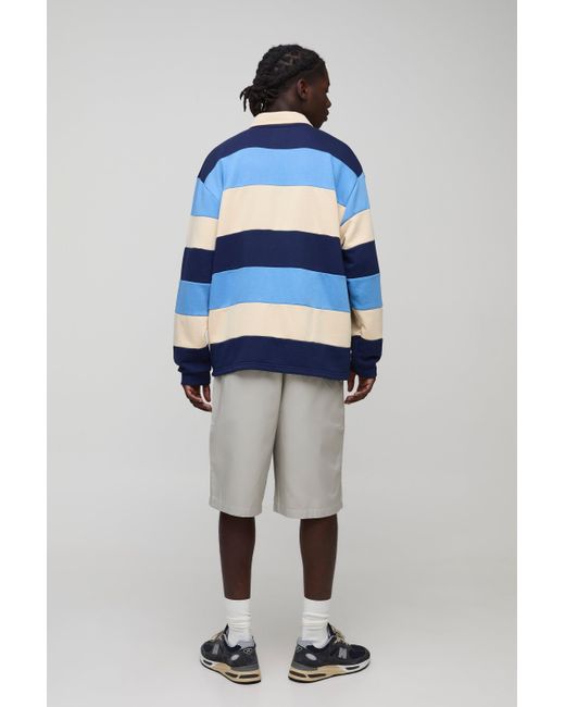BoohooMAN Blue Oversized Stripe Embroidered Rugby Polo for men