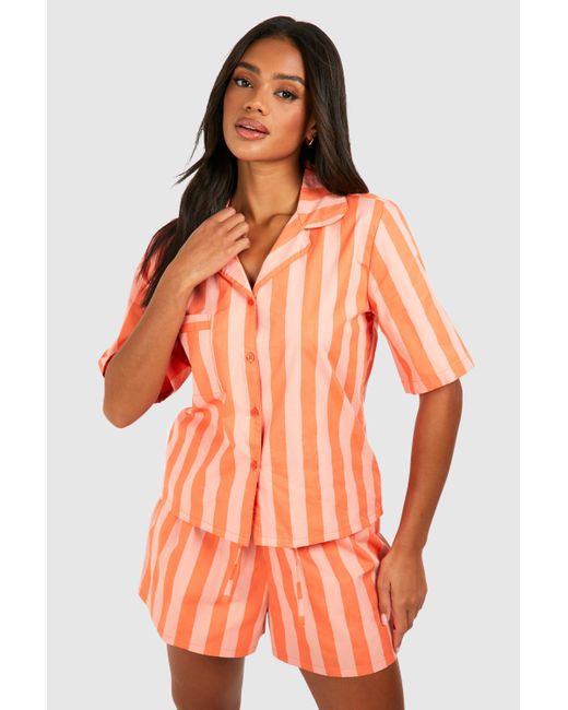 Boohoo Orange Cotton Poplin Tonal Stripe Short Sleeve Shirt