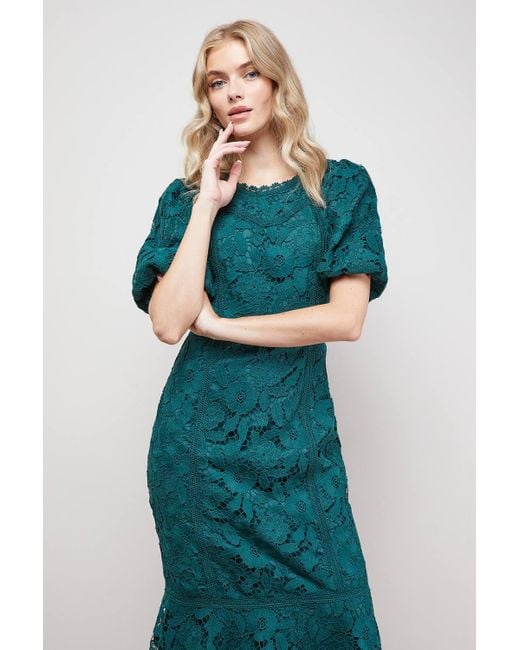 Oasis Lace Trim Detail Puff Sleeve Peplum Midi Dress in Green | Lyst