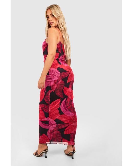 Boohoo Red Plus Floral Print Mesh Maxi Slip Dress