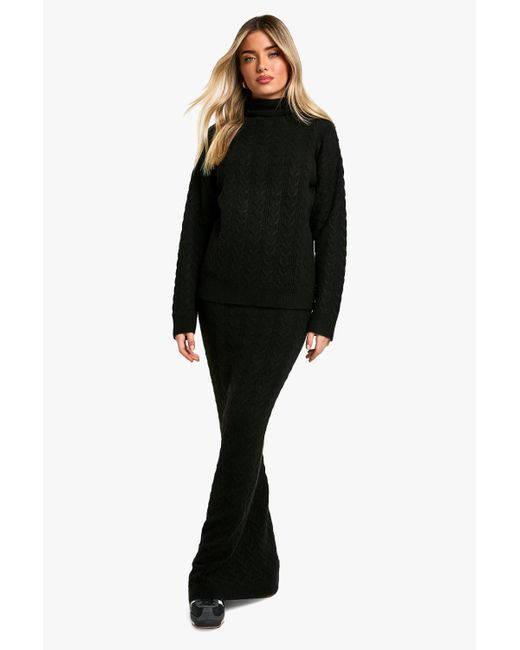 Conjunto Coordinado De Falda Maxi Y Jersey De Cuello Vuelto Y Punto En Ochos Suave Boohoo de color Black