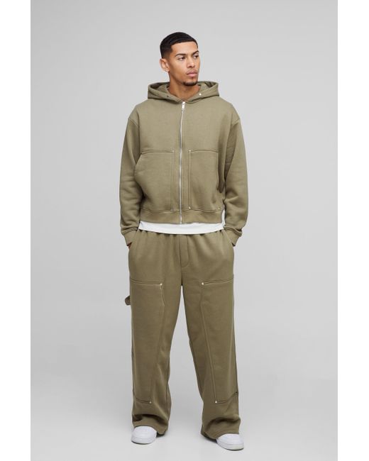 BoohooMAN Green Oversized Boxy Carpenter Zip Through Hooded Tracksuit for men