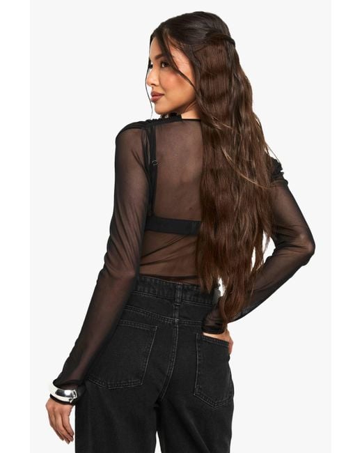 Boohoo Black Mesh Cross Over One Piece