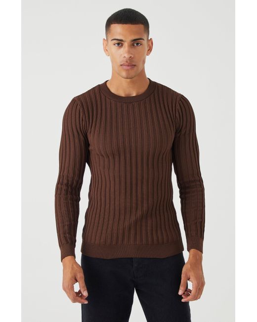 BoohooMAN Brown Muscle Fit Ribbed Long Sleeve Jumper for men