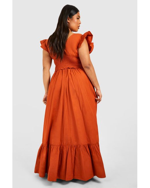 Boohoo Orange Plus Woven Shirred Plunge Maxi Dress