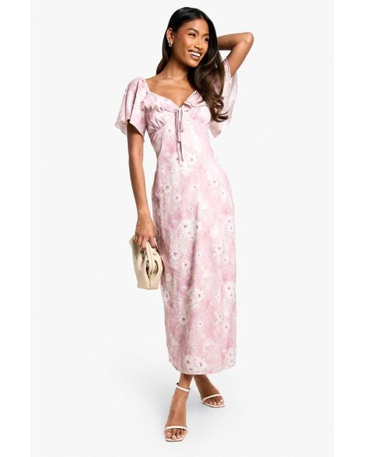 Boohoo Pink Floral Angel Sleeve Midaxi Dress