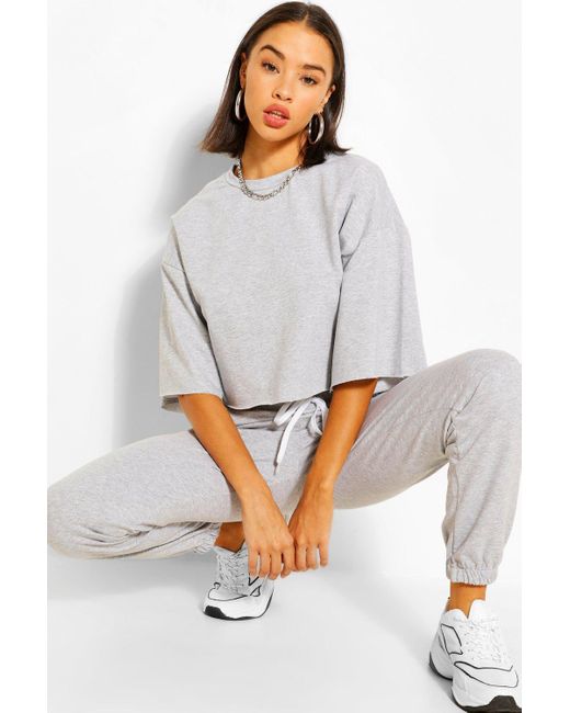 Boohoo Boxy Crop Sweat And Jogger Set in White (Gray) - Lyst