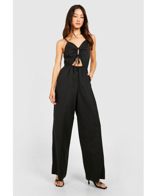 Boohoo Black Tall Woven Ruched Front Wide Leg Jumpsuit