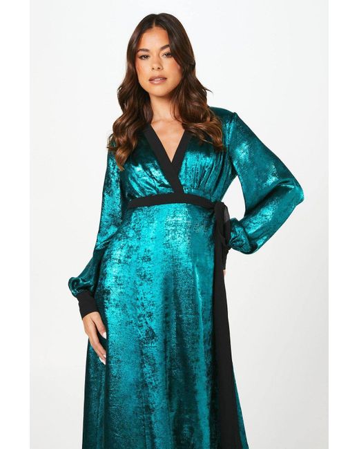 Coast Blue Petite Party Metallic Long Sleeve Wrap Midi Dress