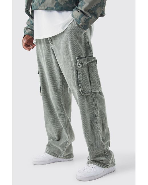 BoohooMAN Gray Plus Relaxed Acid Wash Cord Cargo Trouser for men