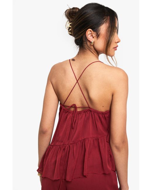 Camisola De Tela Doble De Chifón Fruncido Con Volante Boohoo de color Red