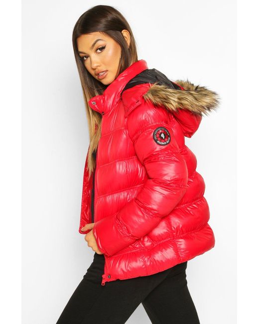 red high shine puffer jacket