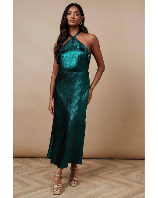 Oasis Blue Foil Halterneck Ruffle Foil Midaxi Dress