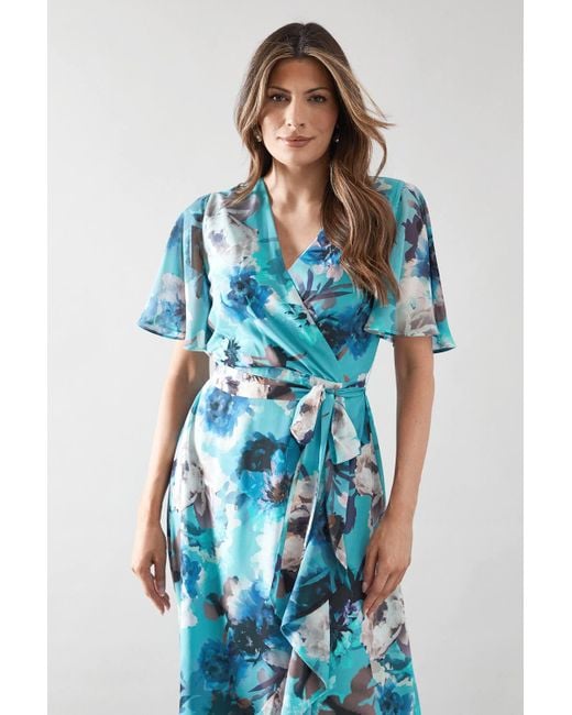 Wallis Blue Floral Ruffle Wrap Belted Midi Dress